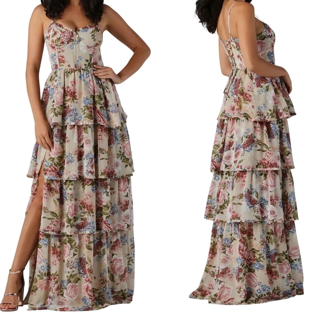 Storia Chiffon Floral Ruffle A-Line Maxi